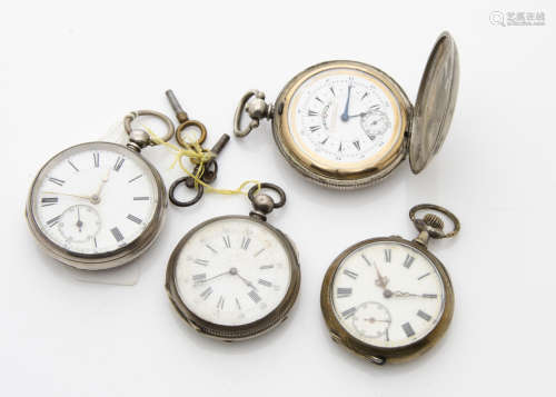 Four Victorian silver and white metal open faced pocket watches, one full hunter, another Art