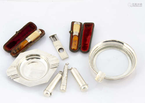 Eight smoking related silver and silver plated collectables, including a silver cheroot case with