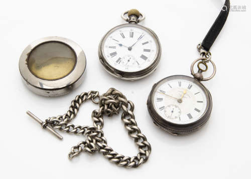 Two silver open faced pocket watches and a silver watch chain, the heavy curb link chain weighing