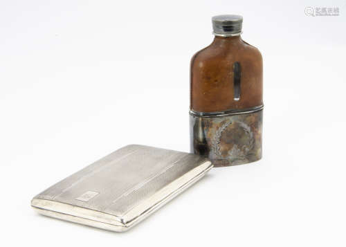 An Art Deco period large silver cigarette case, 8.2 ozt, together with a silver plated, glass and