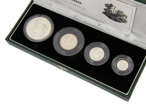 A Royal Mint UK Britannia Silver Proof Collection four coin set, dated 1997, in green case with