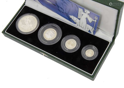 A Royal Mint UK Britannia Silver Proof Collection four coin set, dated 2001, in green case with