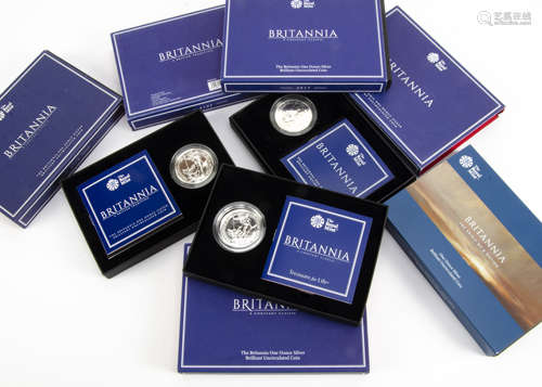 A group of six modern Britannia one ounce silver coins, each boxed and dated 2014 to 2019