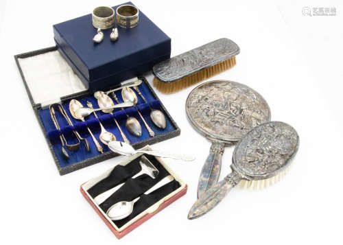 A small group of silver and silver plate, including a three piece Danish dressing table set and more