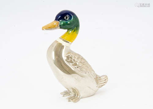 A modern silver and enamelled duck from Mappin & Webb, modelled as a mallard, 4.95 ozt and 10cm high