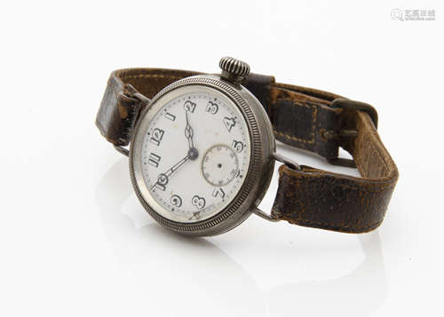 A WWI period silver trench style wristwatch, 34mm circular Dennison case, marked SS & Co to movement