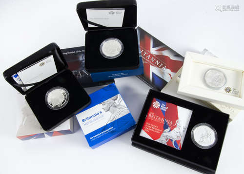 Seven modern Britannia one ounce silver coins, all uncirculated and in Royal Mint boxes