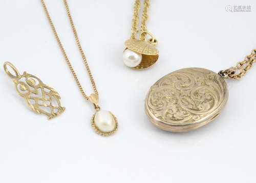 A quantity of gold chains, and pendants, two set with cultured pearls, and another with gold fronted
