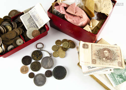 A collection of British and World coins, in several small boxes, including a 1797 cartwheel two