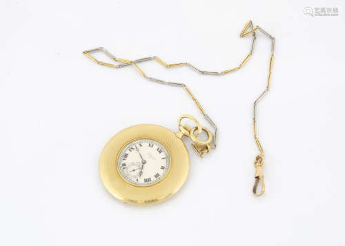 An Art Deco 18ct gold pocket watch, 44mm diameter, white dial with roman numerals marked 142 Jays