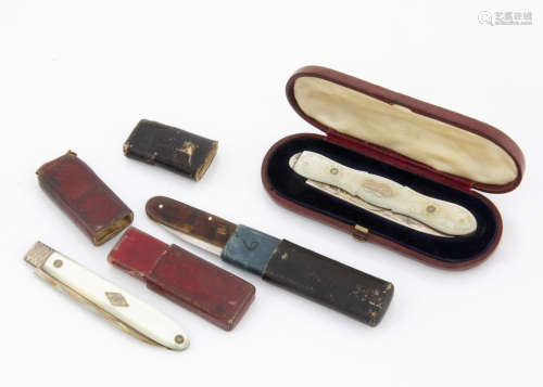 Three cased 19th century silver pocket fruit knives, one George IV example with tortoiseshell