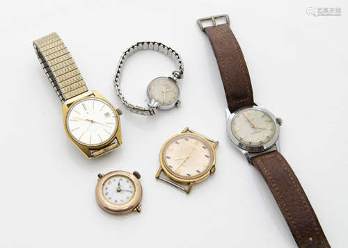 Five vintage watches, a Hamilton automatic, not running, a Malro, a Timex, an Oris and a gold plated