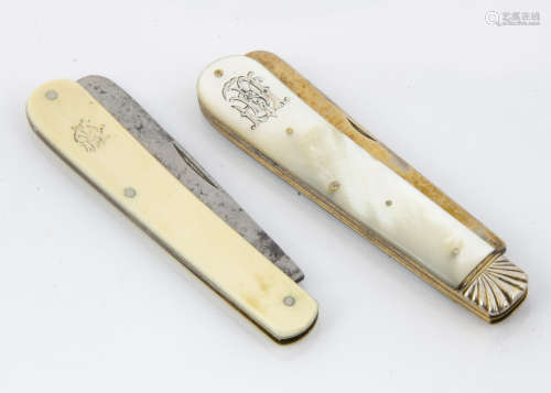 Two Victorian pocket knives, one with mop handles having a silver gilt blade and a steel blade,