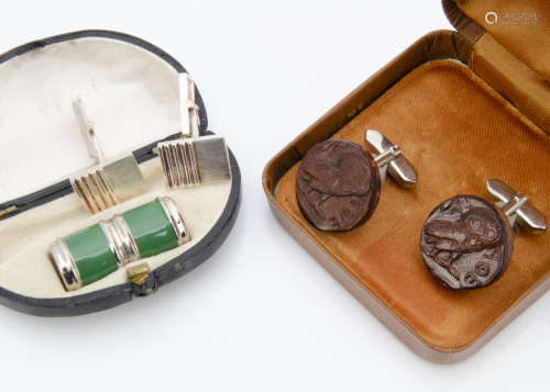 A pair of silver contemporary cufflinks, a pair of leather and chromed stainless steel cufflinks and