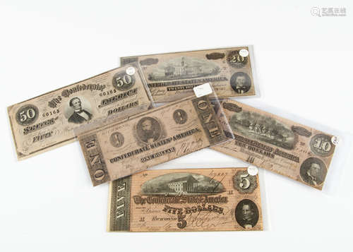 Five 19th century US bank notes, each marked for the Confederate States of America, earliest being