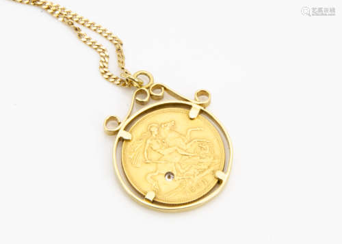 A George V full sovereign pendant and chain, the 1931 Perth mint coin with gypsy set brilliant cut
