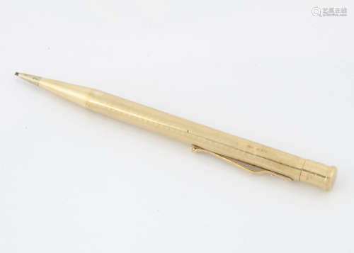 A c1940s Yard-O-Led 9ct gold propelling pencil, engine turned body, engarved H.D. Ward, 20g