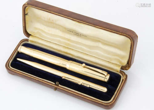 A c1950s gold plated Swan fountain pen and Fyne Point pencil set, in Mabie Todd & Co fitted box
