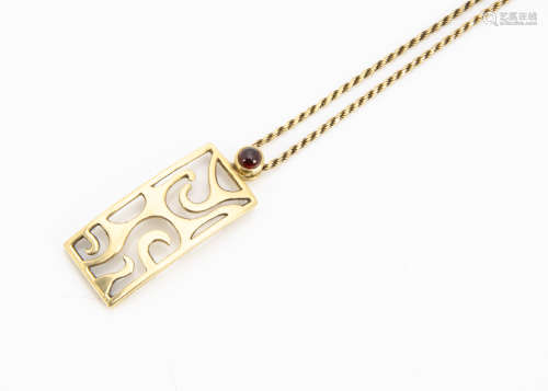 An 18ct gold rope twist necklace, with a yellow metal garnet abstract design pendant marked 18k,