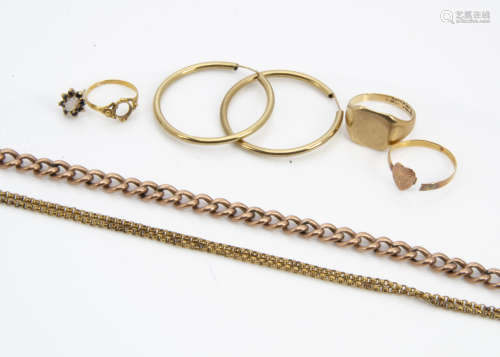A collection of gold, including gentleman's signet ring, gold necklace and bracelet, earrings and