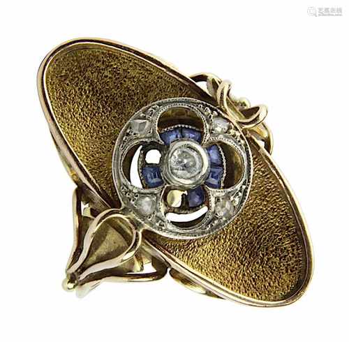 Art-Déco Gelbgold-Ring mit Saphirbaguetten und Diamanten, deutsch um 1930, gepunzt 585,