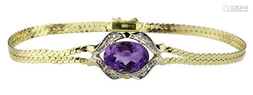 Gelbgold-Armband mit Amethyst und Diamanten, gepunzt 585, doppeltes Band, an einer Stelle mit