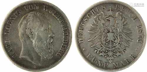 5 Mark 1875 F König Karl von Württemberg, Silber, sehr schöner Zustand, D 3,8 cm, Gewicht 27,43 g.