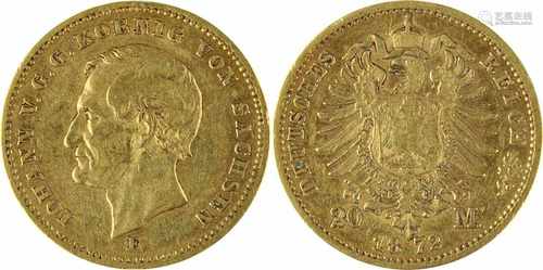 20 Mark Goldmünze Deutsches Reich, Sachsen 1872, 900er Gold, Av. Johann König v. Sachsen, Kopf n.