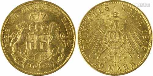 20 Mark Goldmünze Deutsches Reich, Hansestadt Hamburg 1913, 900er Gold, Av. Großes Wappen der