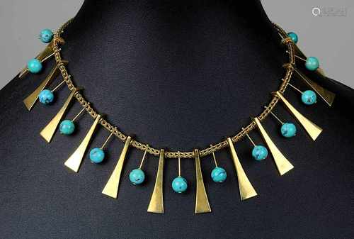 Designer-Collier in Gelbgold mit Türkisen, Skandinavien um 1950, 14 kt nicht gepunzt, geprüft,