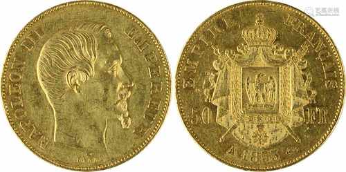 Goldmünze zu 50 Francs, Frankreich, Napoleon III 1855, Av. Kopf n. re. mit Umschrift, Rev.