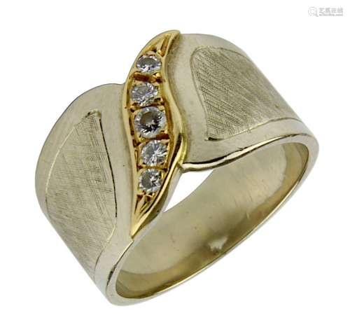 Breiter Bicolor-Ring mit Brillanten, deutsch um 1970, gepunzt 585, handgearbeitete Weißgold-