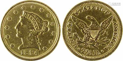 Goldmünze zu 2 1/2 Dollar, Liberty, USA 1894, Av. Kopf der Liberty n. li. und Jahreszahl 1894,