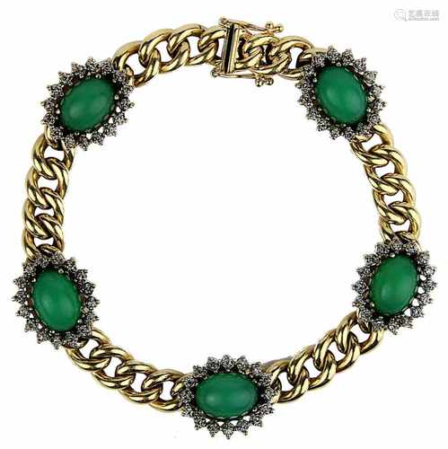 Bicolor Damenarmband mit Chrysopras-Cabochons und Diamanten, Deutschland um 1960, Panzerarmband