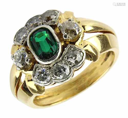 Gelbgold-Ring mit Turmalin und Brillanten, Frankreich um 1950, 18 kt nicht gepunzt, geprüft,