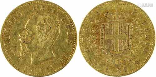 Goldmünze zu 20 Lira, Italien, Vittorio Emanuele II, 1862, Av. Kopf n. li. und Umschrift sowie