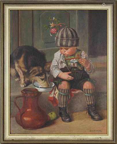 Hochgürtel, Hans (1897 - 1968) Knabe in Lederhose mit Hund beim Milchtrinken, Öl auf Leinwand,