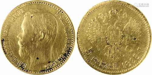 Goldmünze zu 5 Rubel, Nikolaus II, 1898, Av. Kopf n. li. und Umschrift, Rev. Wappen mit