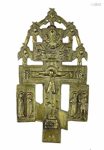 Erweitertes orthodoxes Bronze-Kreuz, Russland 19.Jh., Bronze reliefiert, mittig der gekreuzigte