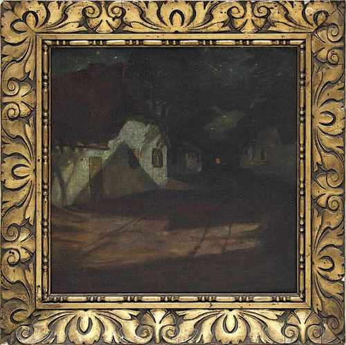 Maler um 1910/20, nächtliche Dorfstraße, Öl auf Leinwand, 28 x 28 cm, im wohl originalen