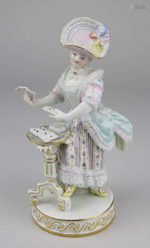 Meissen-Porzellanfigur einer Patience-Spielerin, um 1880, weißer Scherben, auf Glasur polychrom