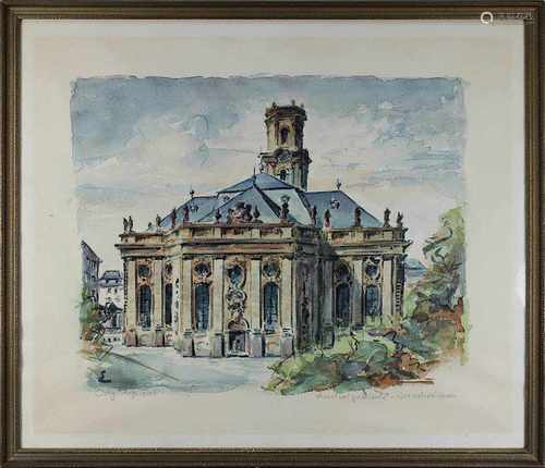 Embs, Heiner (Sulzbach 1899 - 1972 Bebelsheim), Ludwigskirche-Saarbrücken, Aquarell, li. unt.