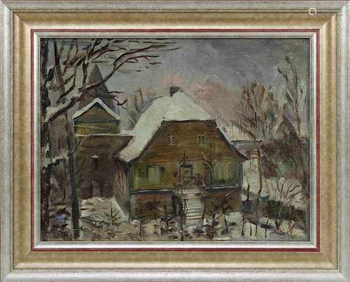 Deutscher Impressionist (um 1900), Haus mit Dorfkapelle im Winter, Öl/Lwd., pastos-impressionistisch