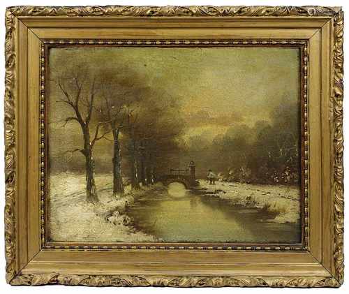 Blasius, F. (wohl dt. Maler um 1900) Winterlandschaft mit baumbestandenem Kanal, Öl auf Holz,