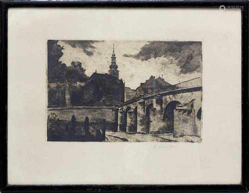 Rüden, Heinrich von (1893-1946), Stadansicht Saarbrücken mit Alte Brücke und Schlosskirche,