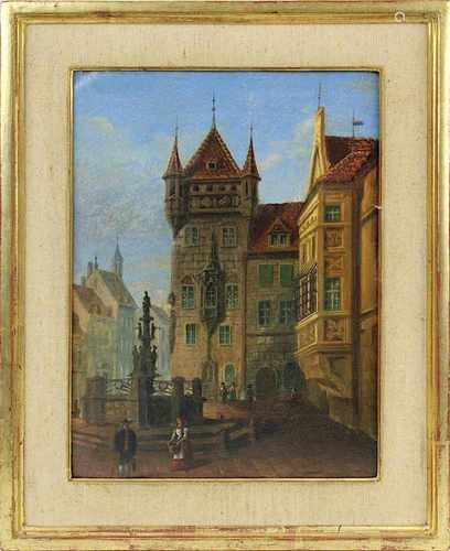 Deutscher Städtemaler um 1900, Brunnen und Patrizierhäuser wohl in Nürnberg, Öl auf Malkarton, 22