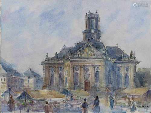 Breyer, Benno (Ommersheim 1939 - 2013 Ommersheim) Markt vor der Ludwigskirche Saarbrücken, Aquarell,