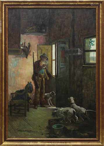 Alpenländischer Genremaler, Interieur mit Jäger und Jagdhunden, um 1920, Öl auf Leinwand, li. u.