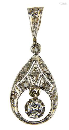 Jugendstil-Anhänger mit Diamanten, Frankreich um 1915, tropfenförmiger Anhänger aus Gelbgold