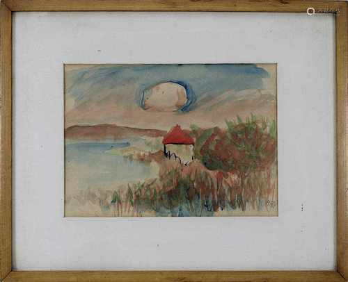 Maly, Wilhelm (München 1894 - 1943 Davos), Haus am See, Aquarell, unt. re. signiert, 14,5 x 24,5